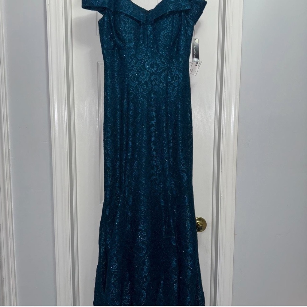 Off the shoulder formal dress in peacock color